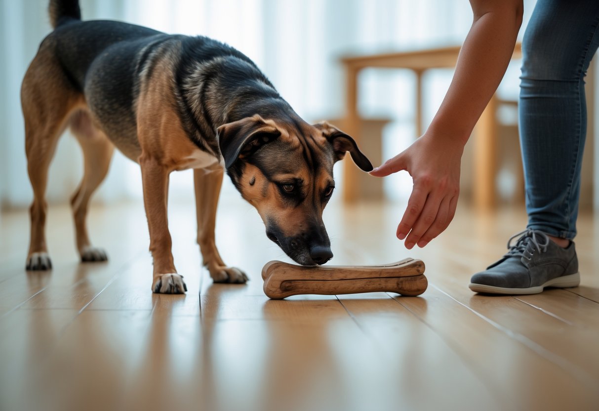 A dog standing protectively over a bone while a human hand reaches towards it indoors.