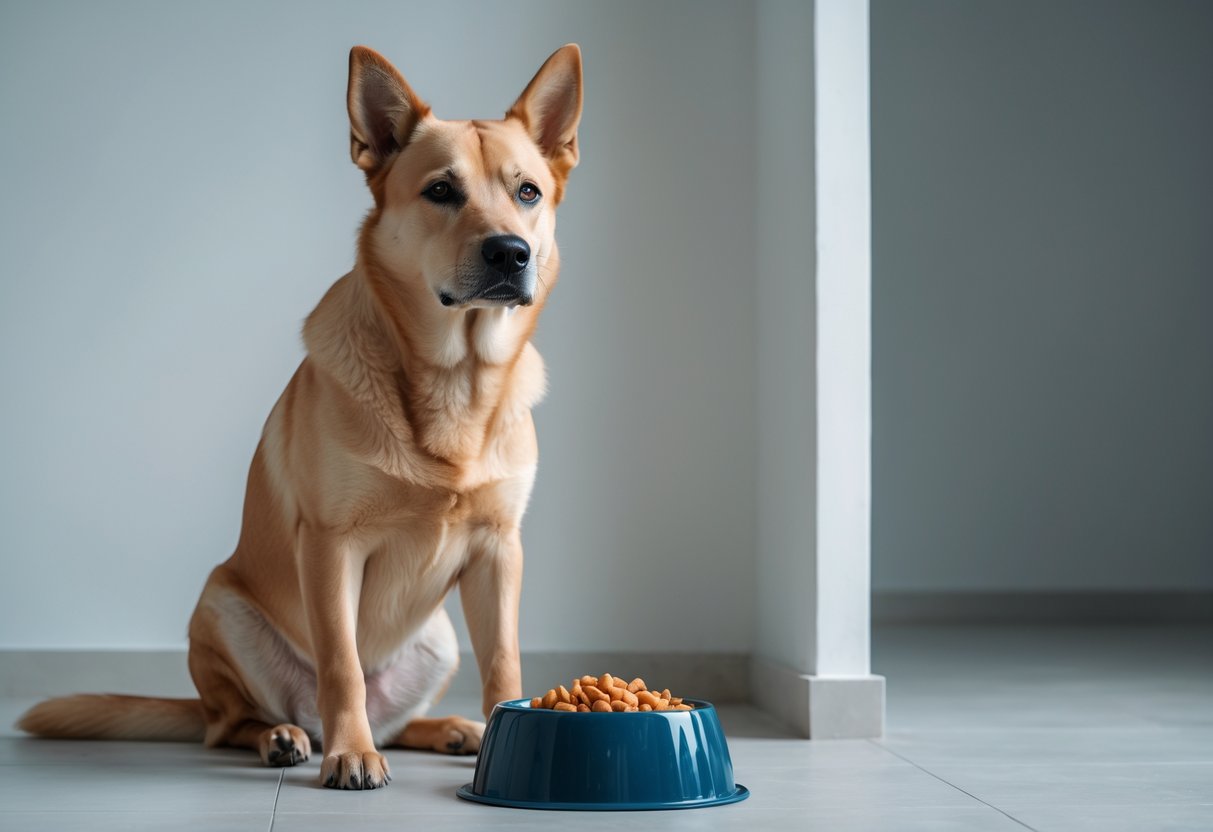 A medium-sized dog sitting protectively next to a bowl of food, looking alert and focused indoors.