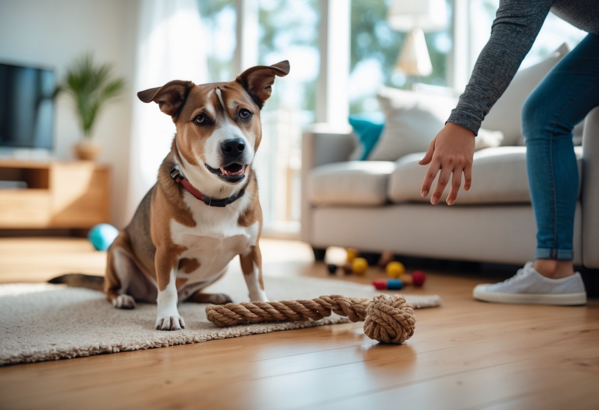 A dog sitting protectively over a chew toy while a person’s hand reaches towards it in a living room.