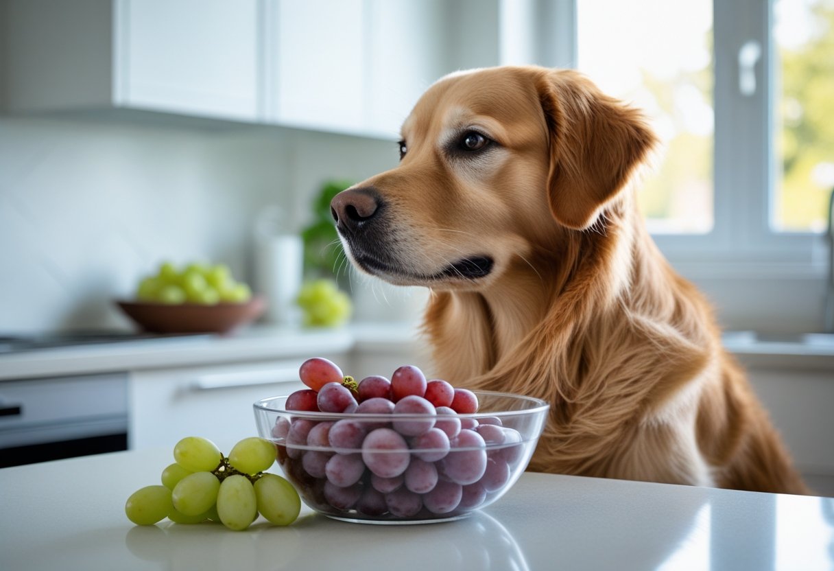 A golden retriever dog sitting by a kitchen counter with a bowl of grapes on it, looking at the grapes.