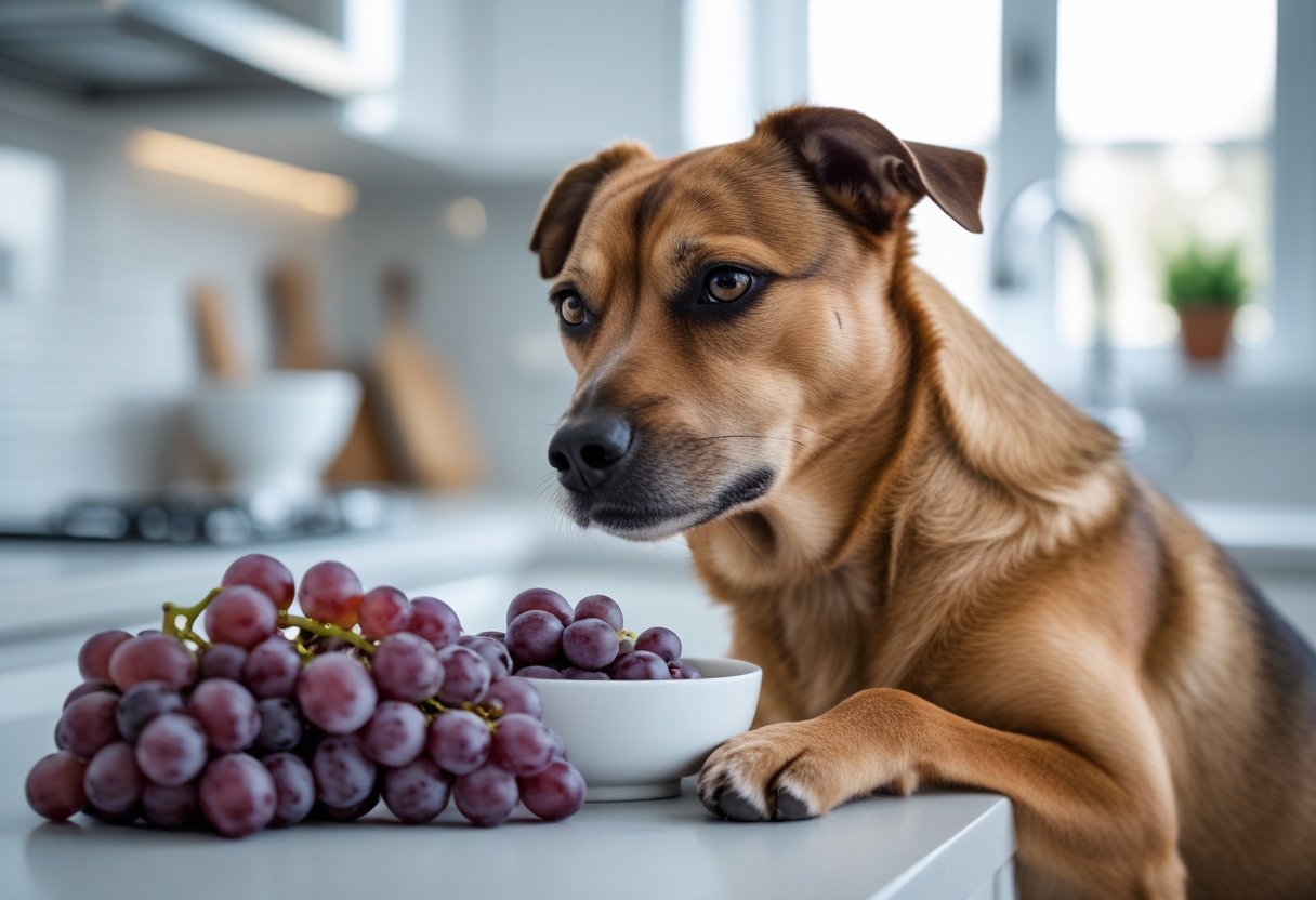 A dog sitting next to a bowl of grapes on a kitchen counter, looking at the grapes cautiously.