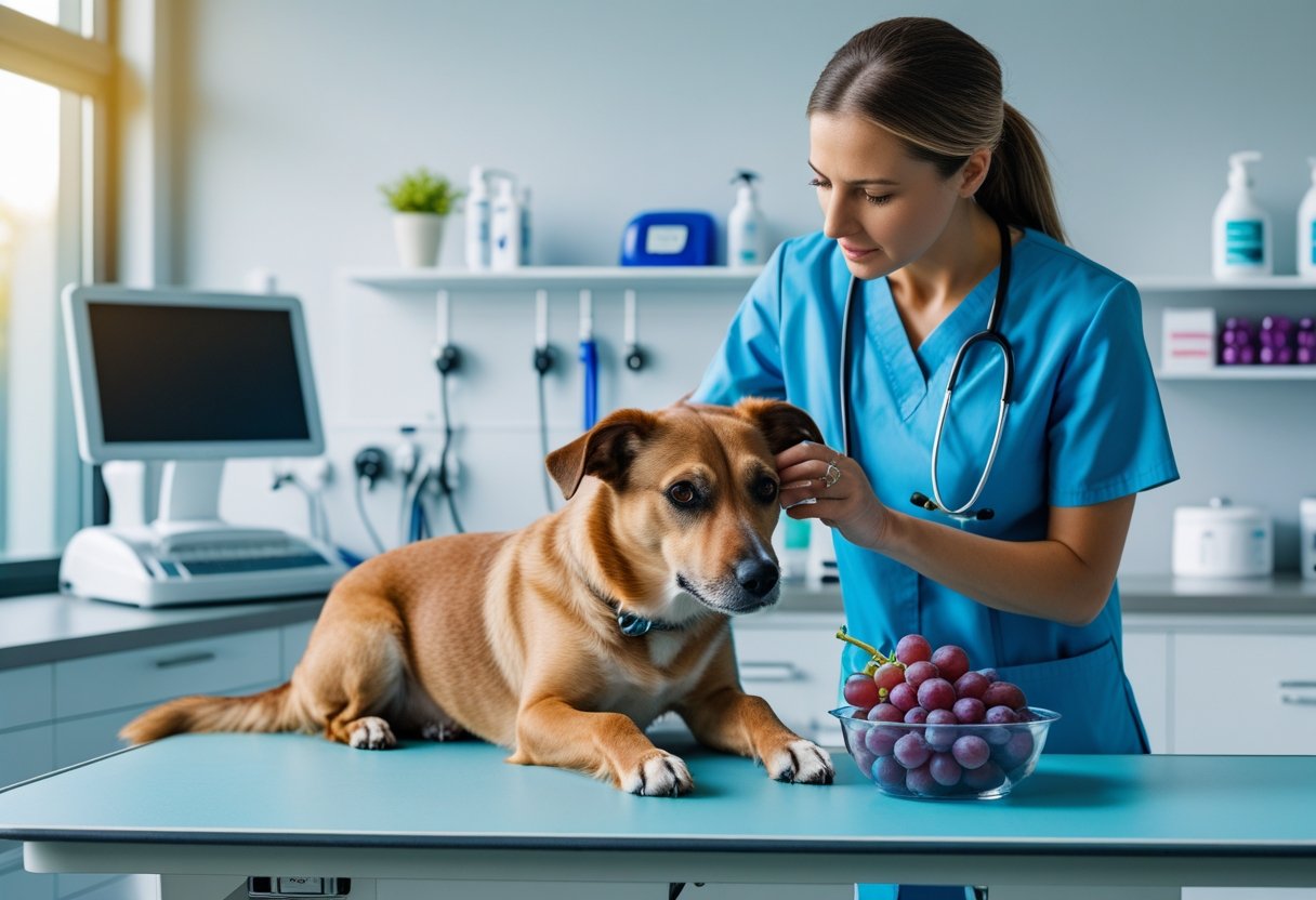 A veterinarian examines a dog on an examination table with a bowl of grapes nearby in a veterinary clinic.