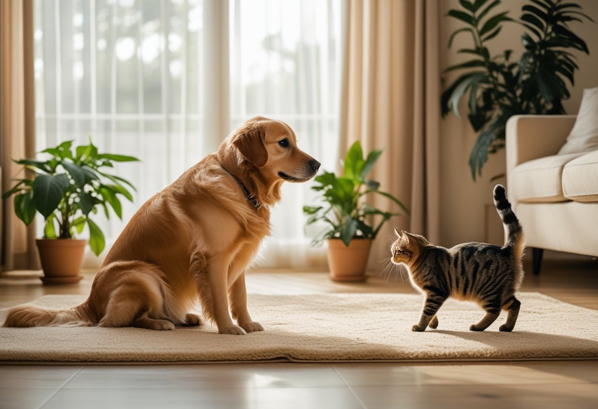 A golden retriever and a tabby cat calmly meeting for the first time in a bright living room.