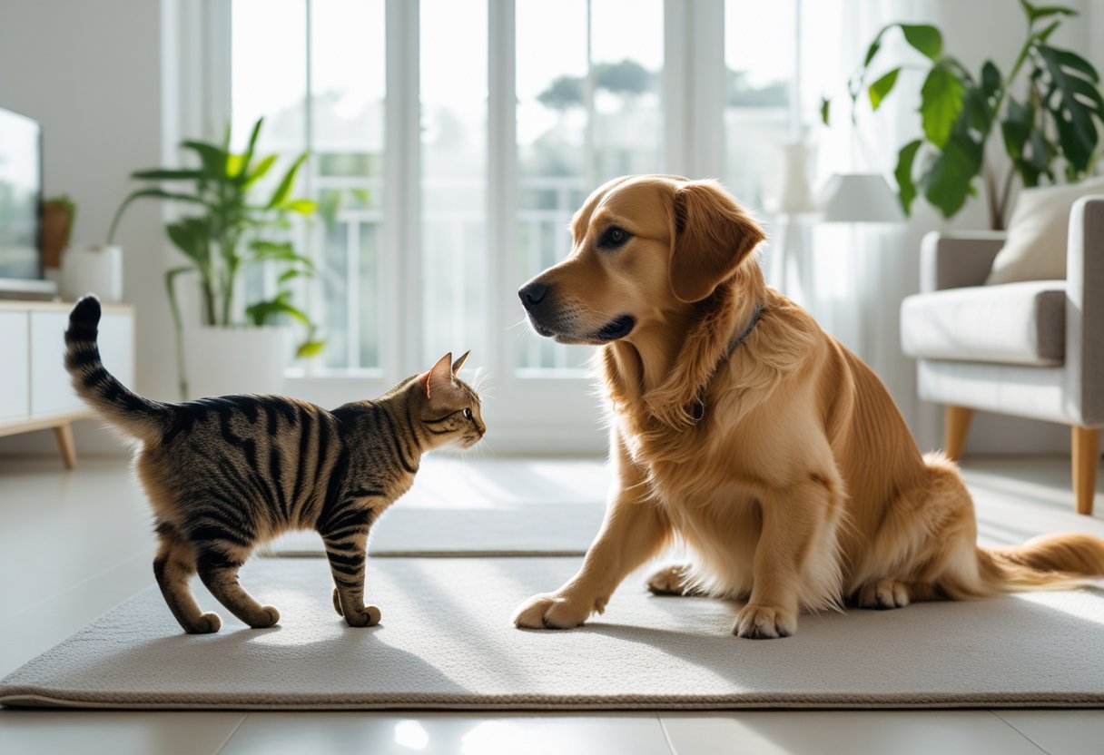A golden retriever and a tabby cat calmly interacting in a bright living room as they meet for the first time.