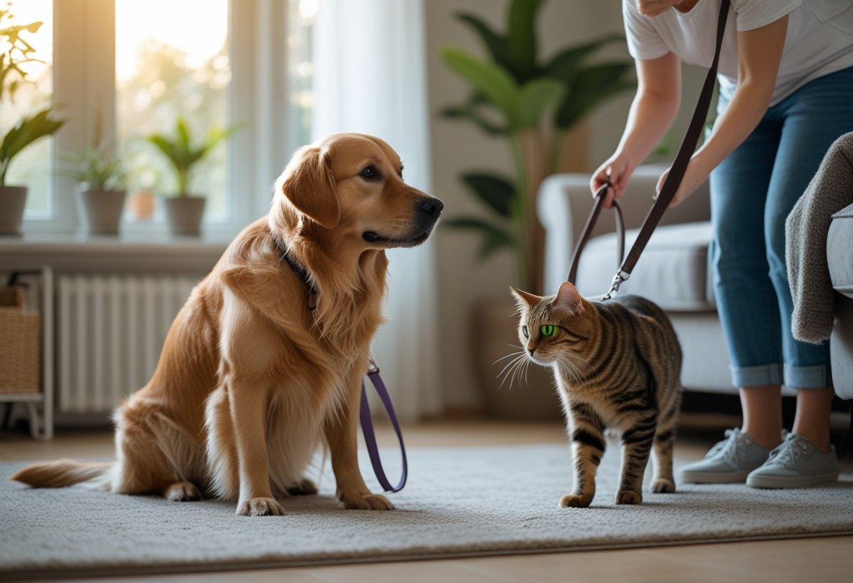 A person gently holding a dog on a leash while a cat approaches cautiously in a cozy living room.