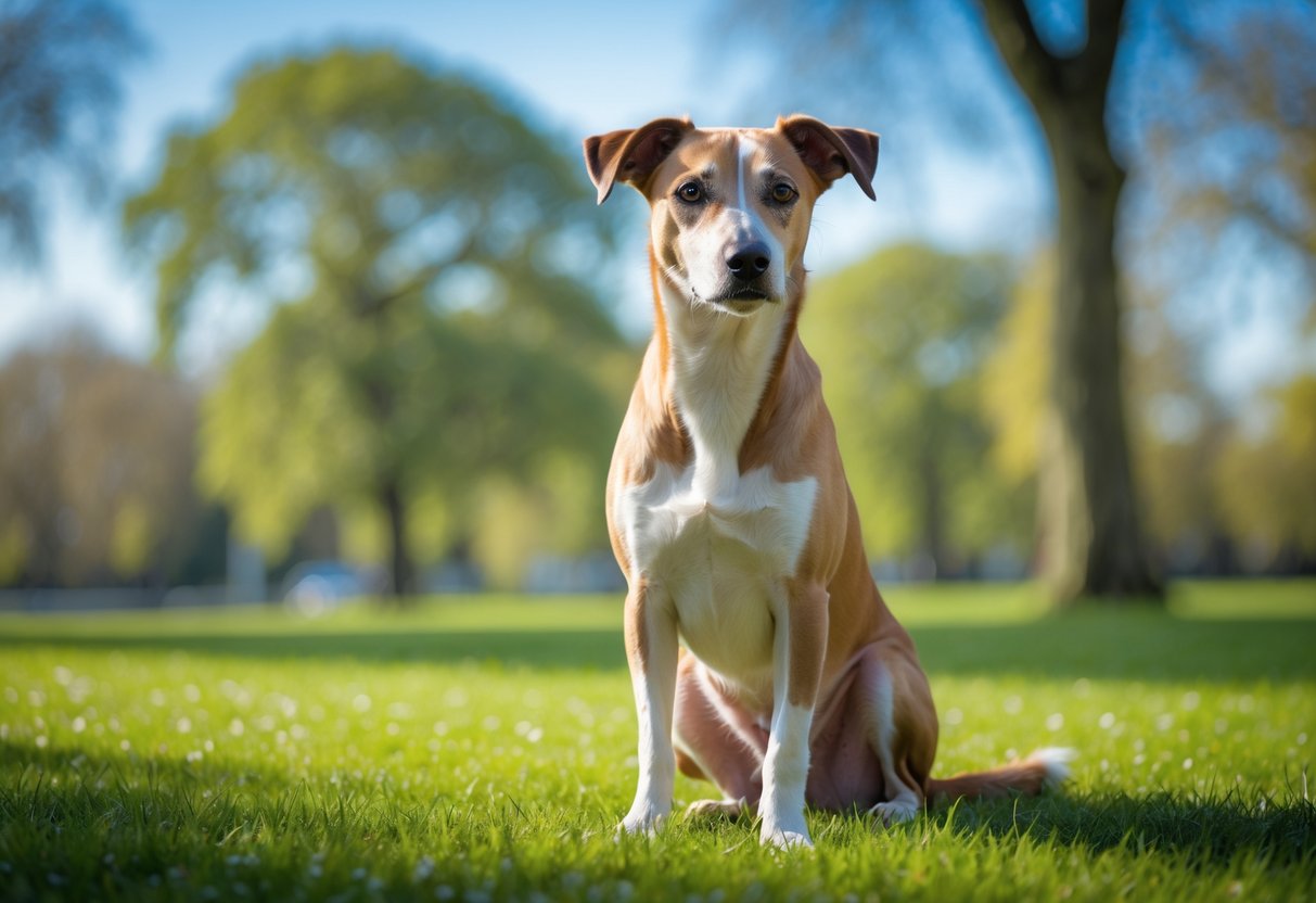 A lurcher dog sitting attentively in a green park with trees and grass under a clear blue sky.