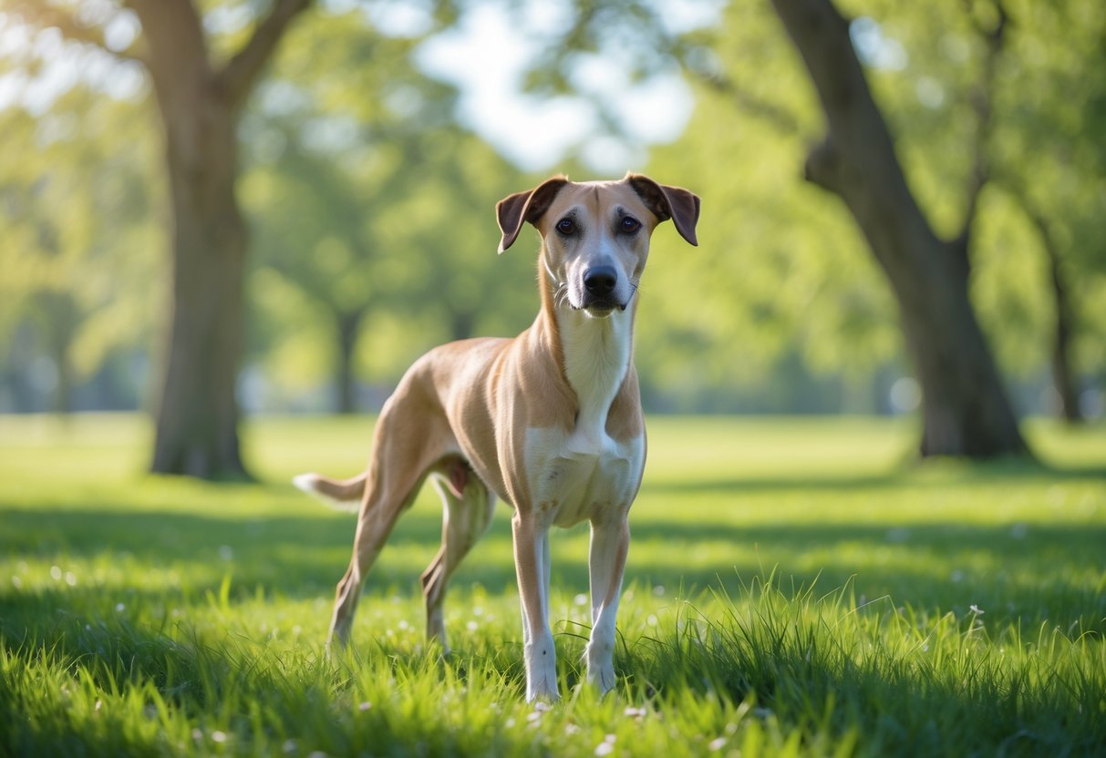 A Lurcher dog standing alert on green grass in a sunny park with trees and a blue sky in the background.