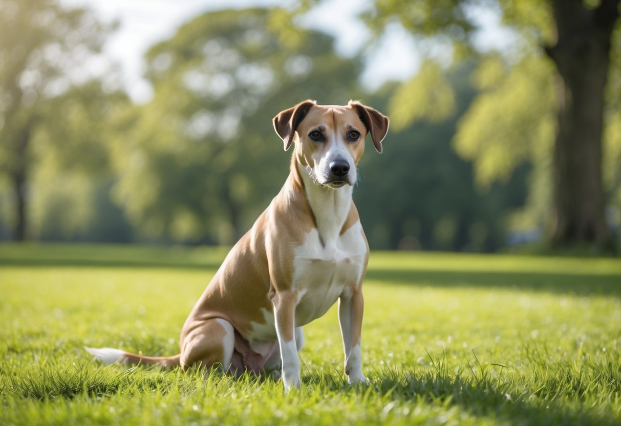 A Lurcher dog sitting on green grass in a park with trees and a blue sky in the background.