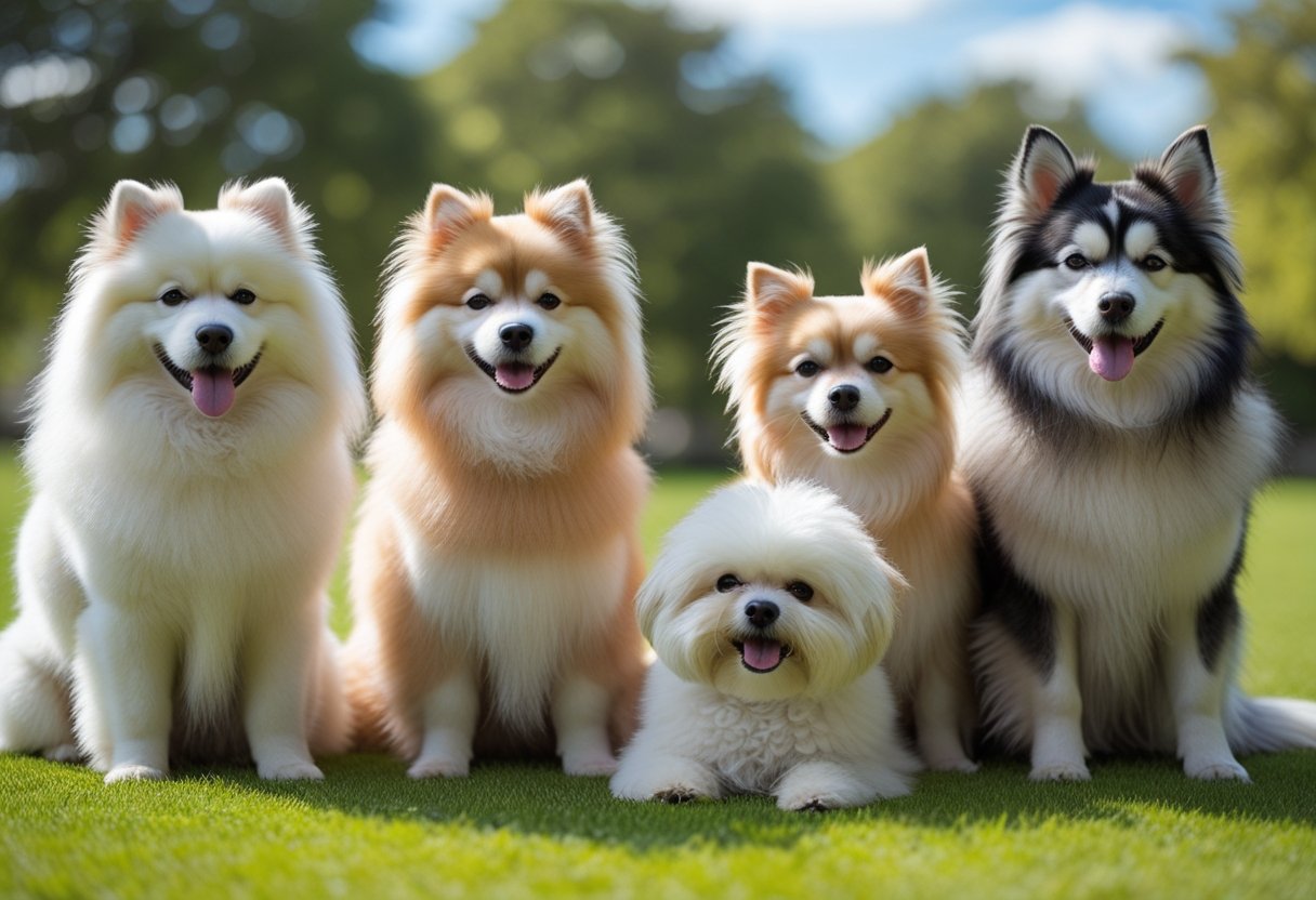 A group of fluffy dogs of different breeds sitting and standing together on green grass outdoors.