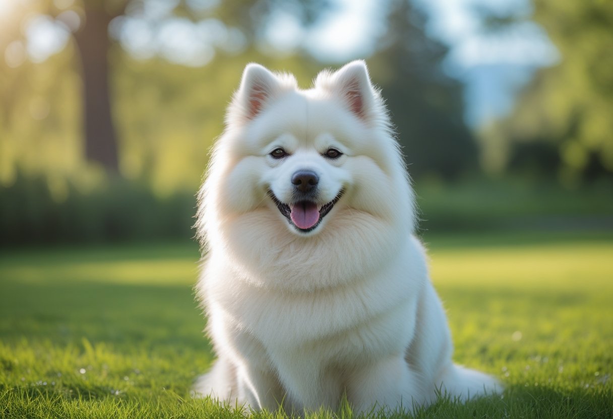 A smiling white Samoyed dog sitting on green grass with trees and sky in the background.