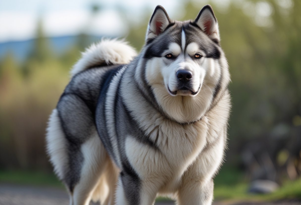 A large Alaskan Malamute with a thick fluffy coat standing outdoors in a natural setting.