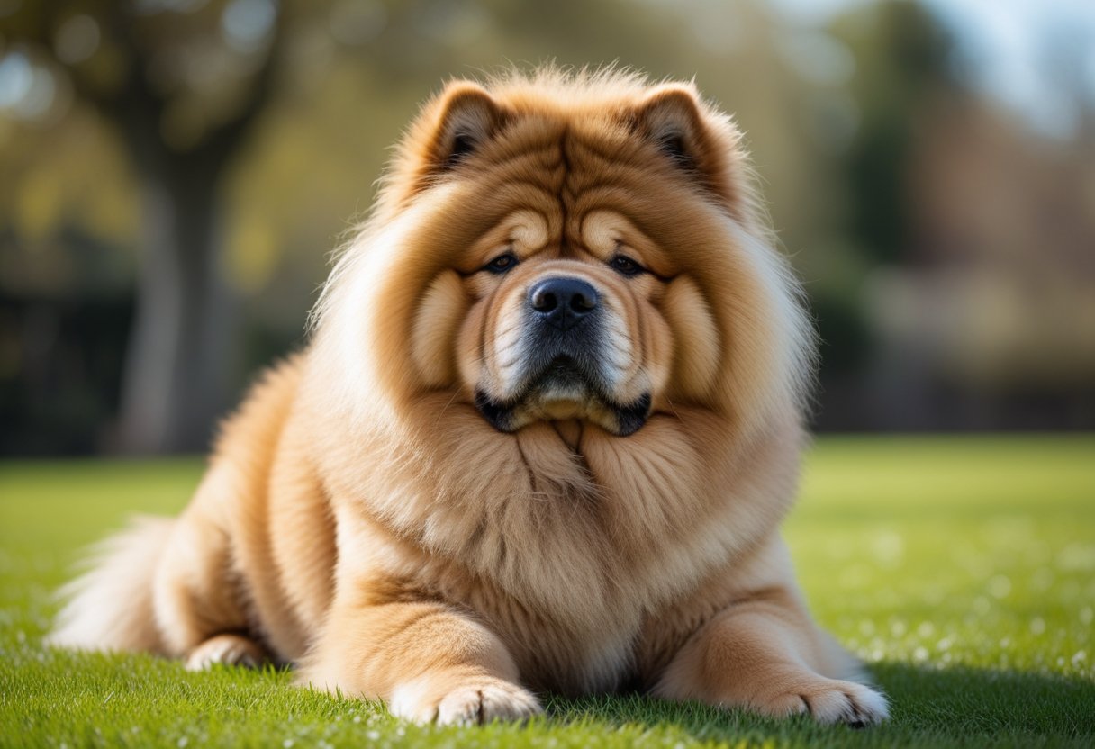A fluffy Chow Chow dog with a lion-like mane sitting calmly on grass outdoors.