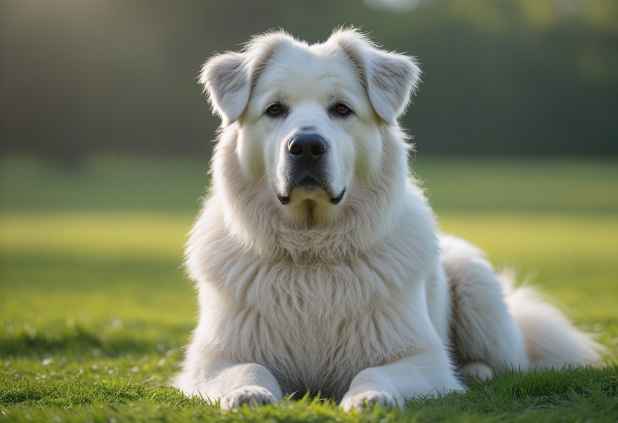 A Great Pyrenees dog with a fluffy white coat sitting calmly on green grass outdoors.