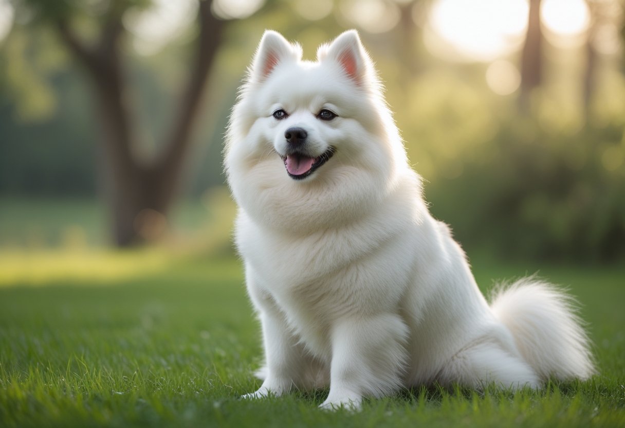 An American Eskimo Dog with a fluffy white coat sitting on green grass outdoors, looking alert and playful.