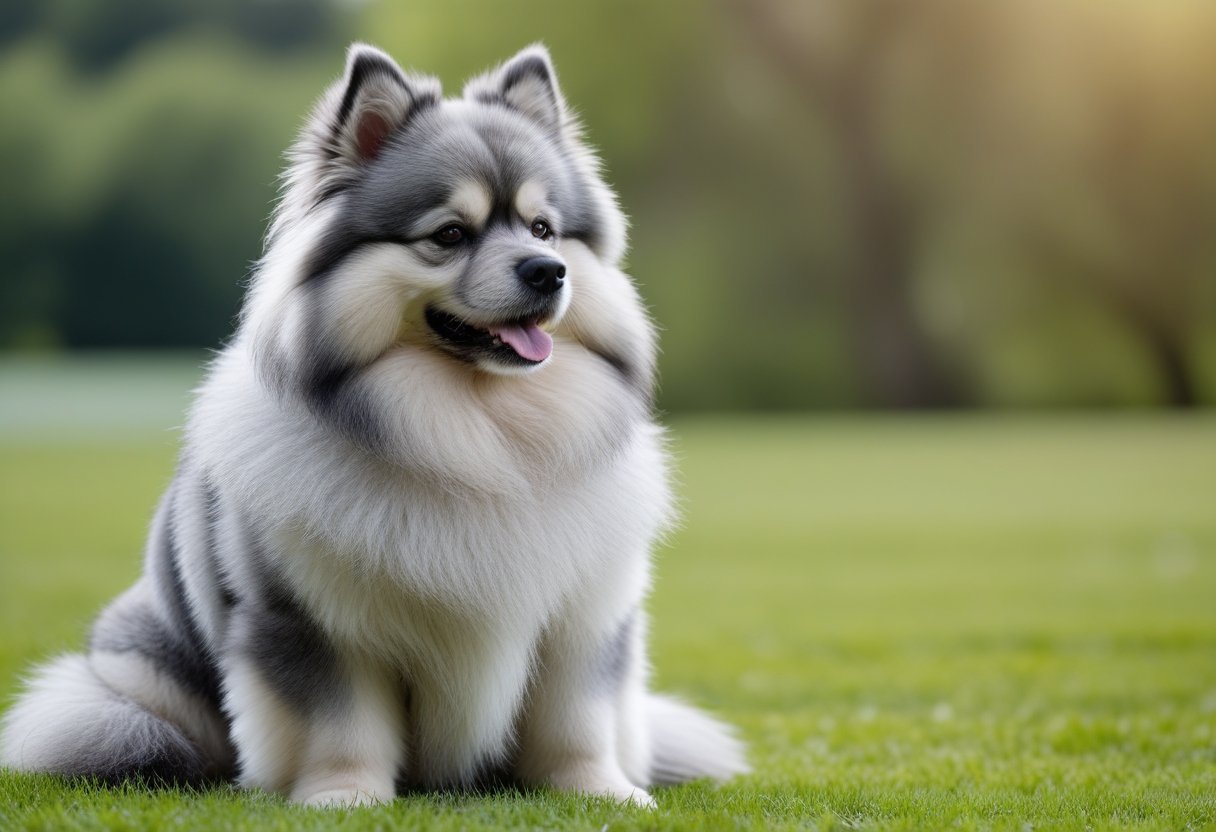 A friendly Keeshond dog with a silver-grey fluffy coat sitting on green grass outdoors.