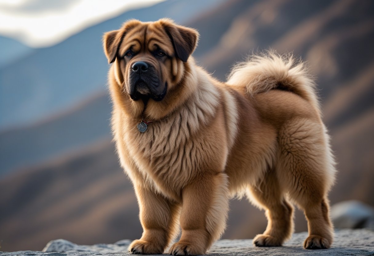 A majestic Tibetan Mastiff standing outdoors with a thick, fluffy coat in a mountainous landscape.