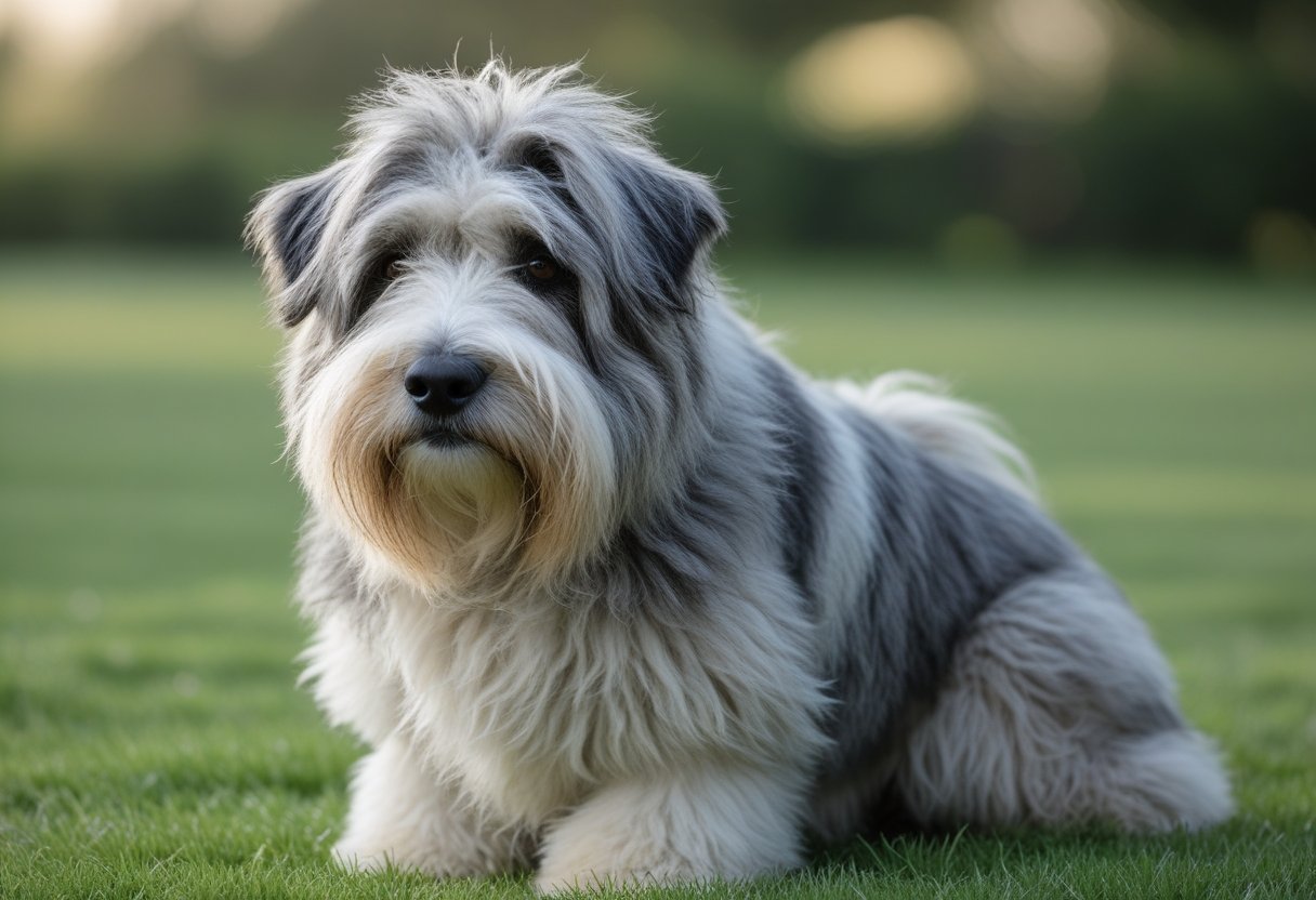 An Old English Sheepdog with a shaggy coat sitting on green grass outdoors, looking friendly and calm.