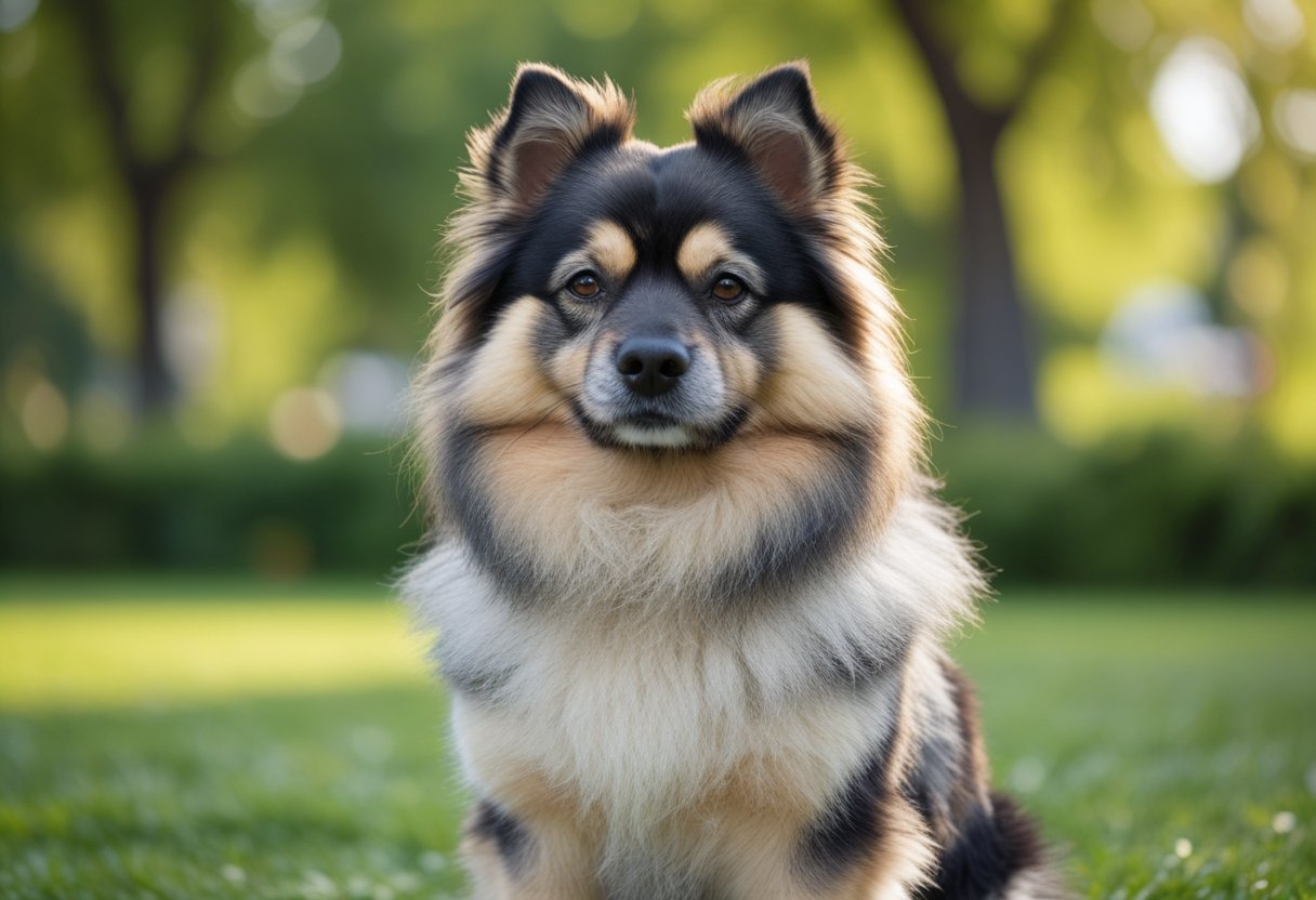 A fluffy Finnish Lapphund dog sitting calmly in a green park, looking towards the camera.