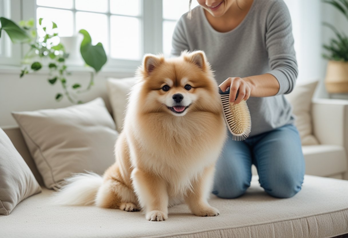 A person brushing the fur of a fluffy dog indoors, showing gentle care and attention.