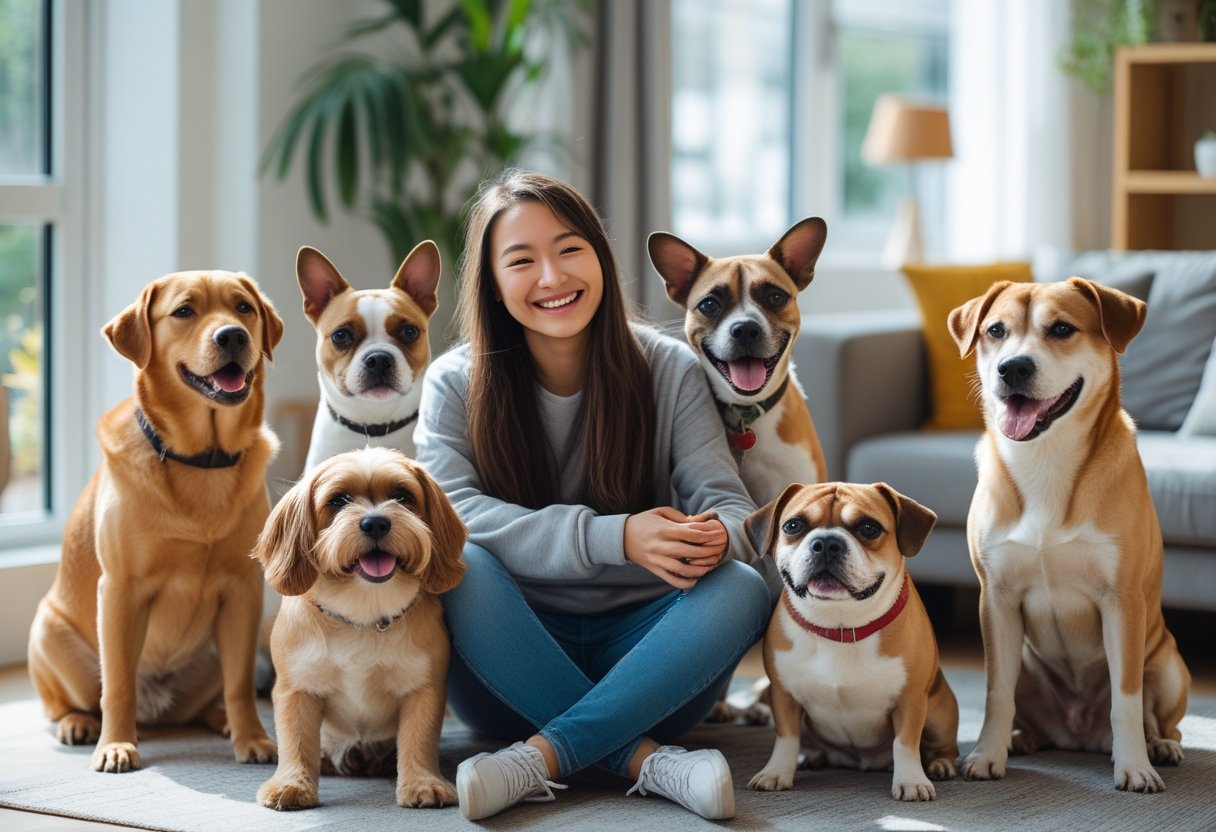 A young person sitting in a bright living room surrounded by several friendly dogs of different breeds, smiling and interacting with them.