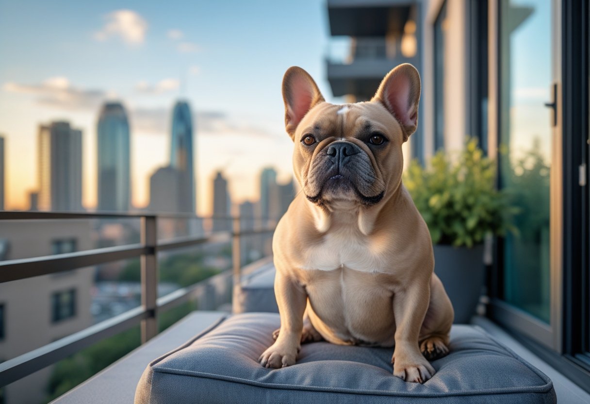 A French Bulldog sitting on a city apartment balcony with buildings in the background.