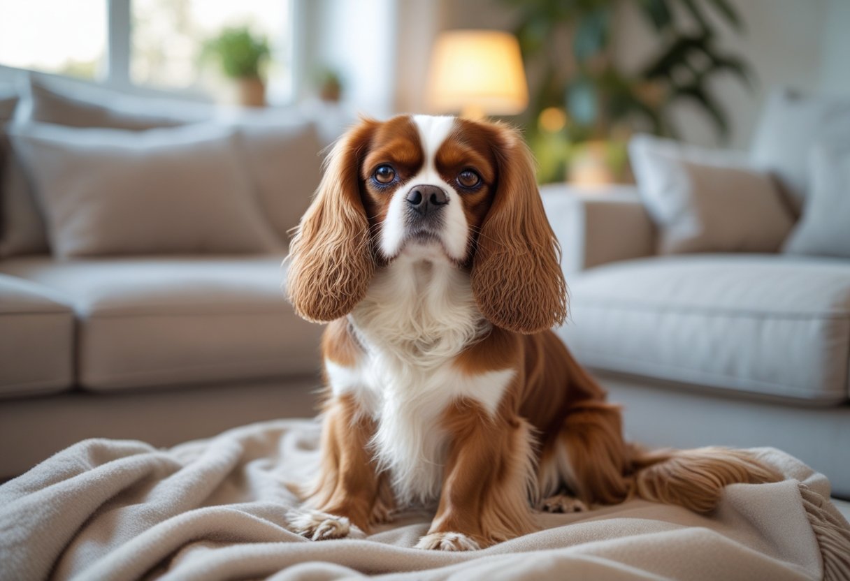 A Cavalier King Charles Spaniel with a chestnut and white coat sitting on a blanket in a bright living room.