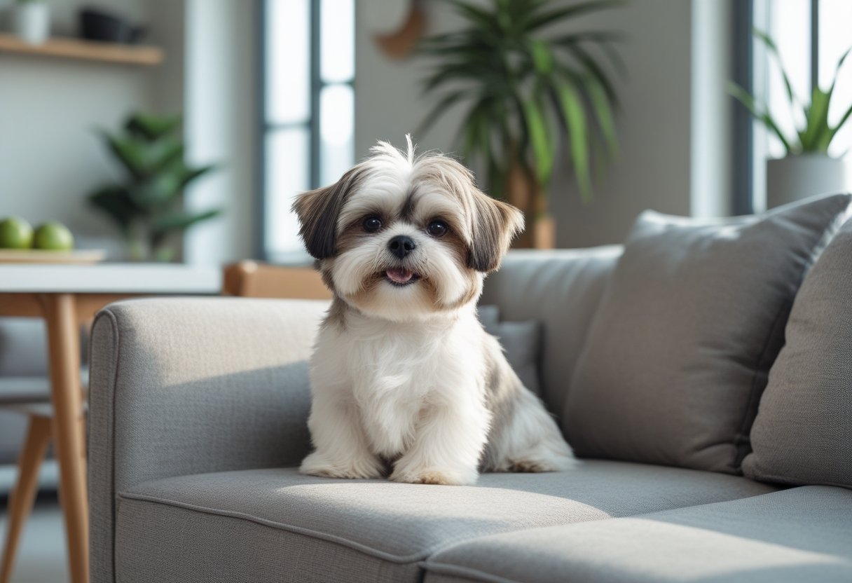 A small Shih Tzu dog sitting on a sofa in a bright, modern apartment.