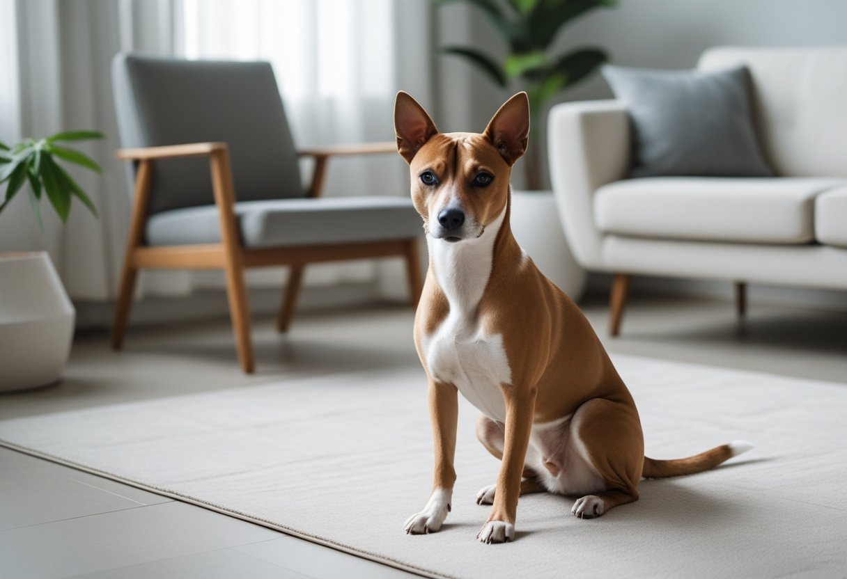 A Basenji dog sitting calmly on the floor in a modern living room with neutral colours and simple furniture.