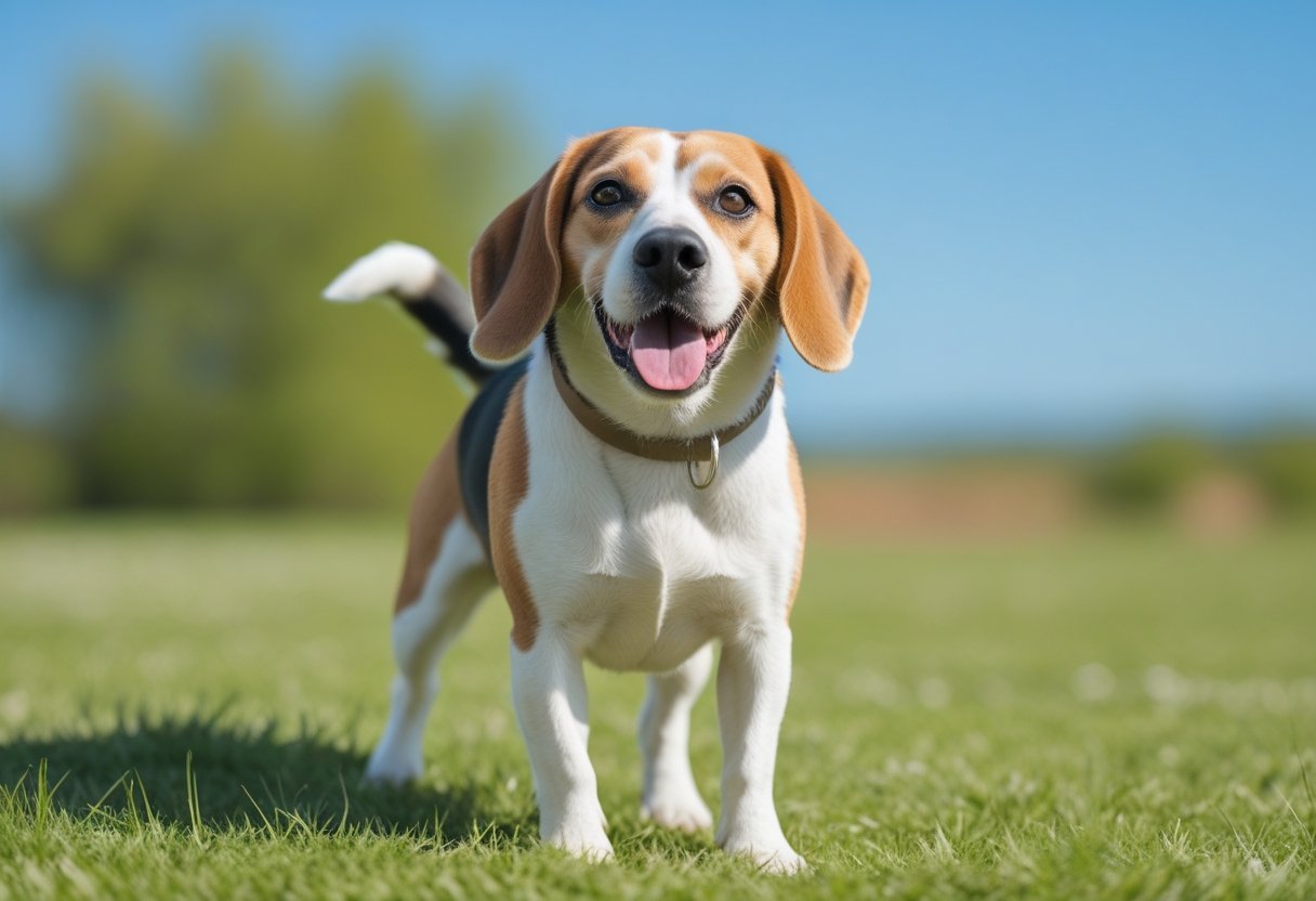 A happy Beagle dog standing on grass in a sunny outdoor setting, looking alert and energetic.
