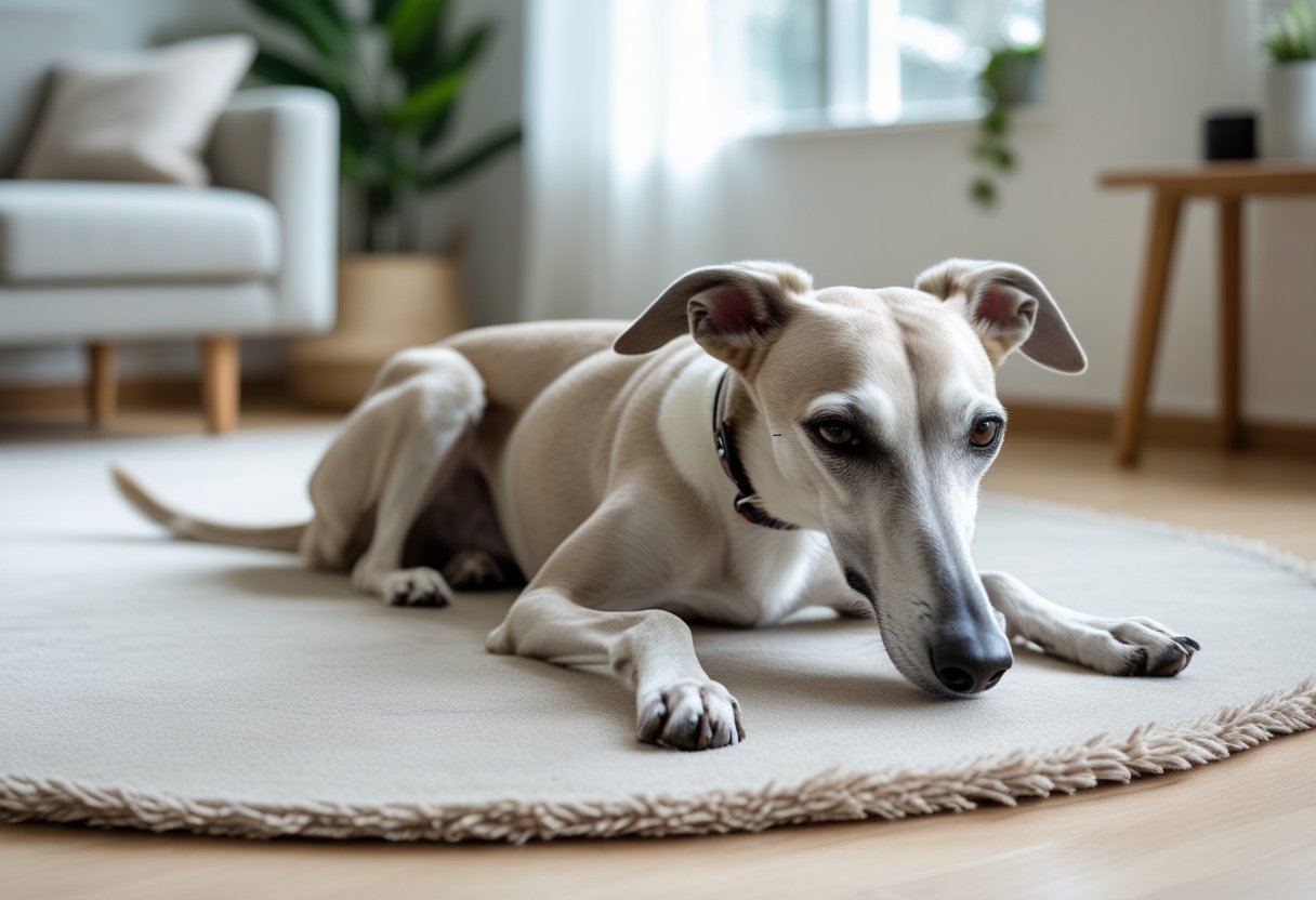 A greyhound dog resting calmly on a rug in a bright, modern living room.