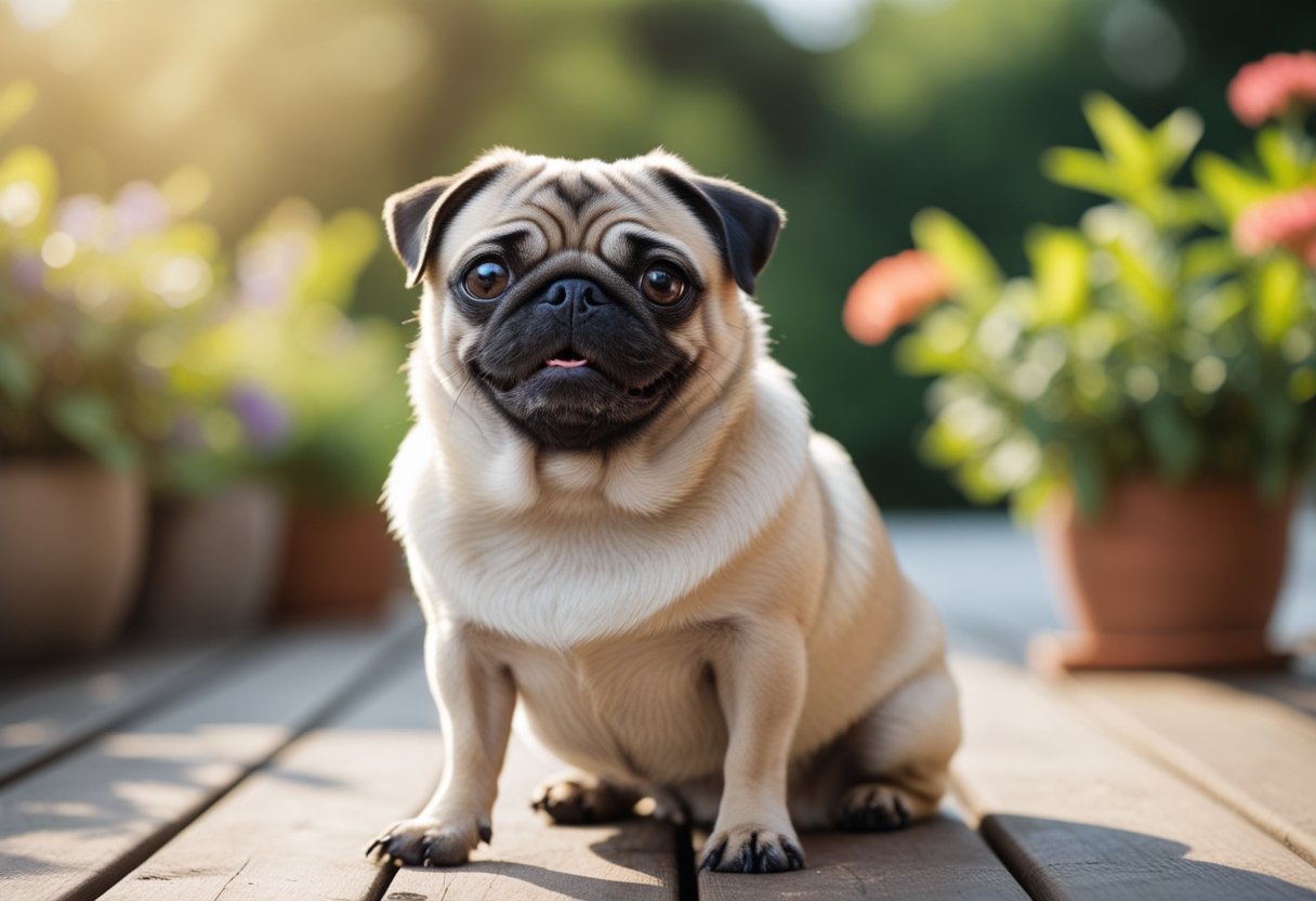 A pug dog sitting on a wooden deck outdoors with green plants and flowers in the background.