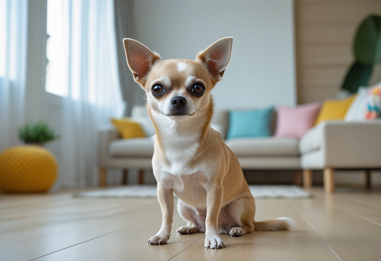 A small Chihuahua dog sitting on a wooden floor in a bright living room, looking alert and friendly.