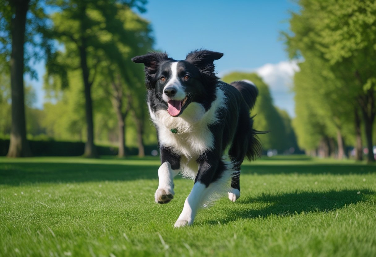 A Border Collie running energetically through a green park on a sunny day.