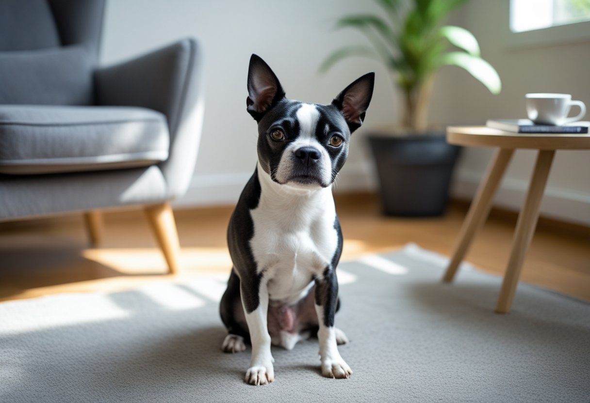 A black and white Boston Terrier sitting on the floor in a bright living room with a chair and a plant in the background.