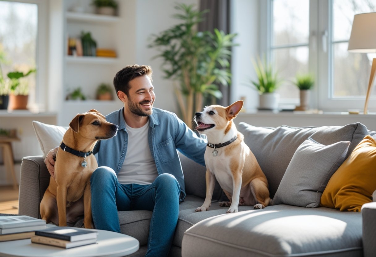 A single adult sitting on a sofa smiling at a friendly dog in a bright living room.