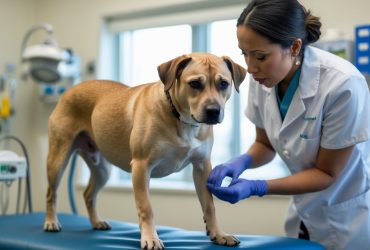 dog with bloat receiving treatment from a vet