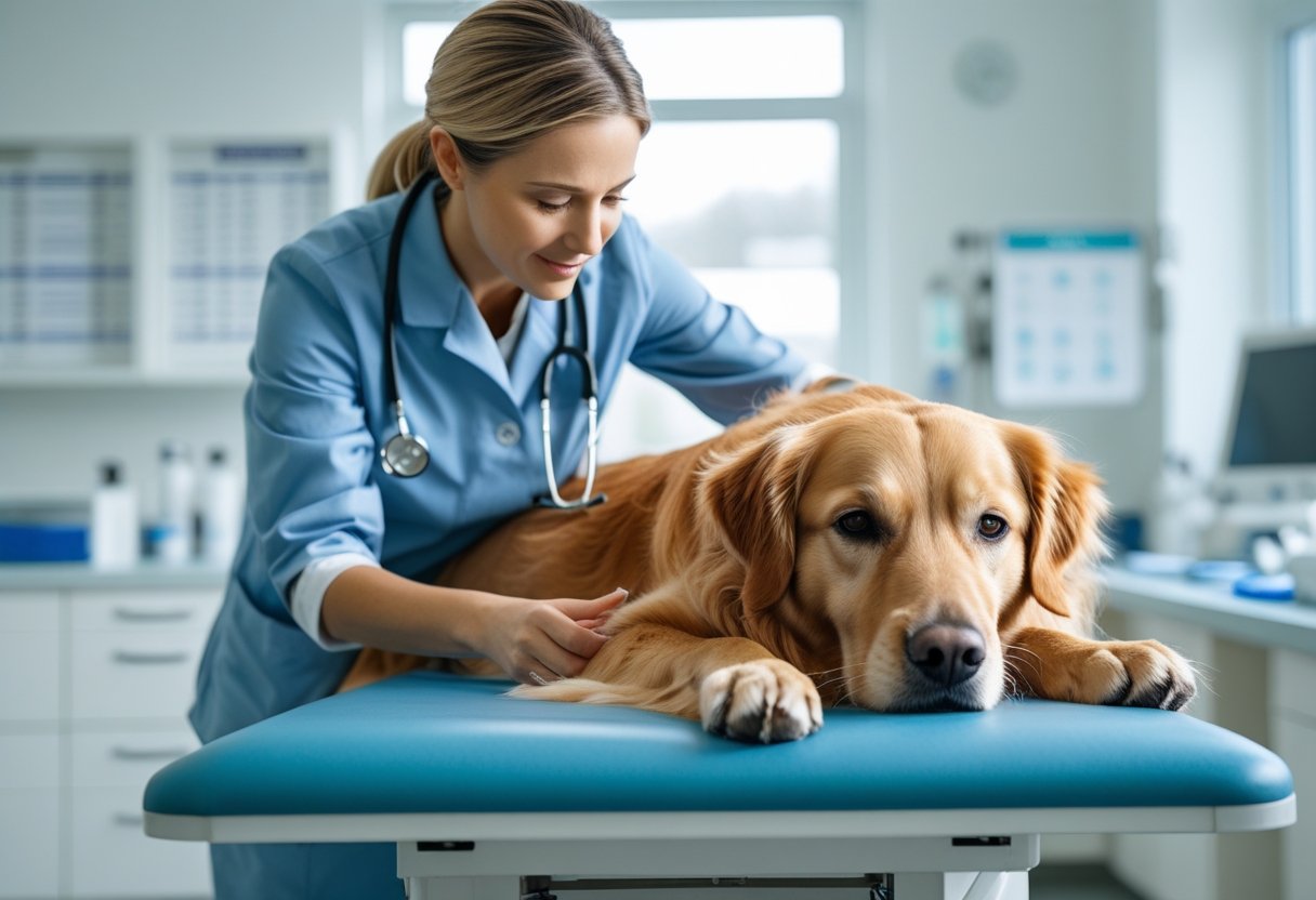 A veterinarian examining a golden retriever lying on a table in a veterinary clinic.