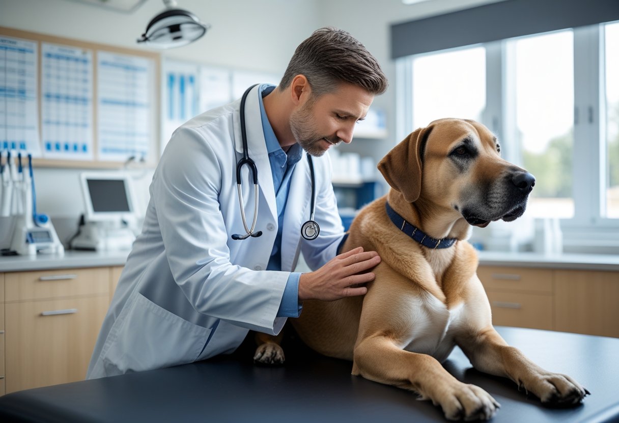 A veterinarian examining a large dog on an examination table in a veterinary clinic.