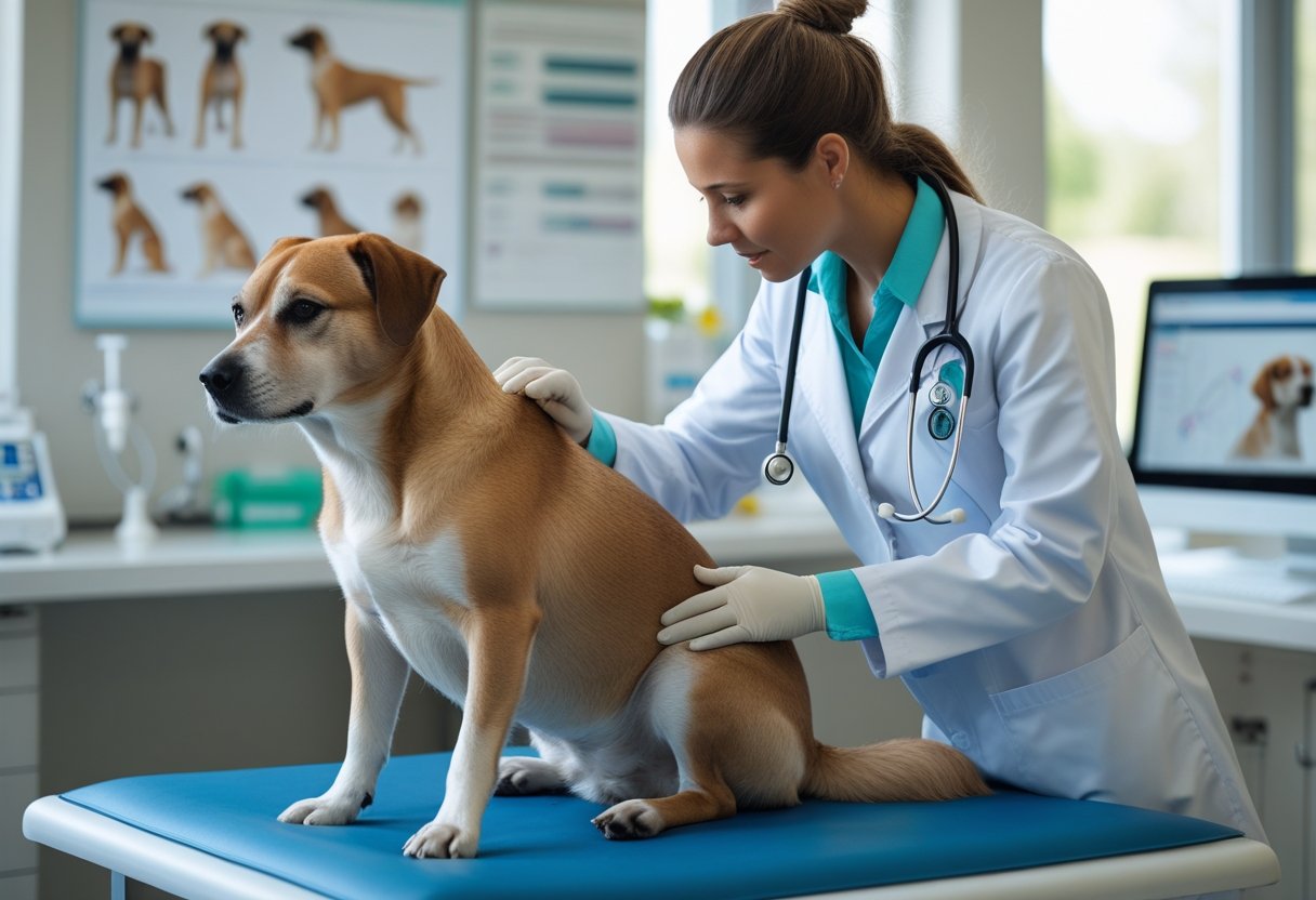 A veterinarian examining a large dog with a swollen belly in a veterinary clinic.