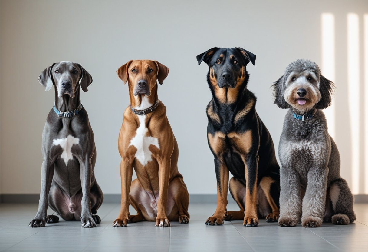 Several large dog breeds including a Great Dane, German Shepherd, and Standard Poodle sitting calmly indoors.