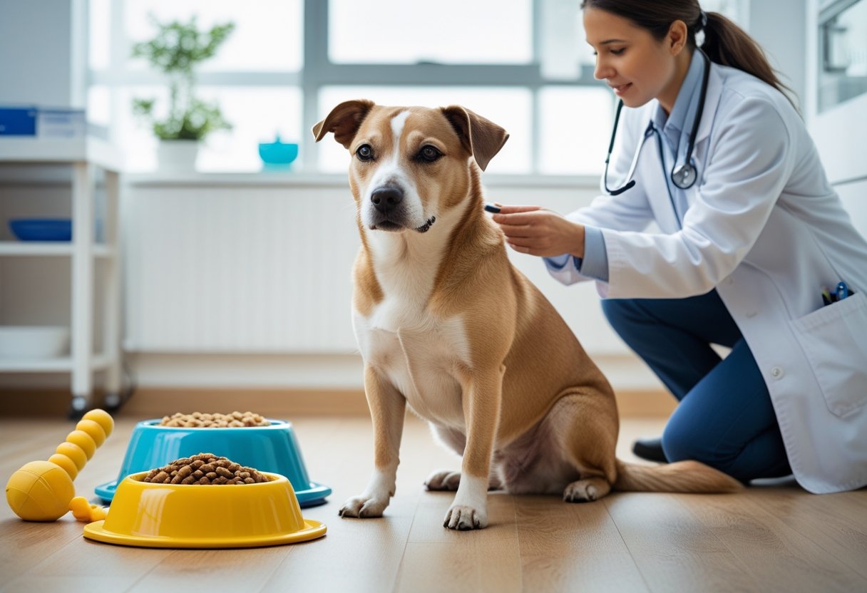 A medium-sized dog sitting on a wooden floor in a veterinary clinic while a veterinarian examines its abdomen.