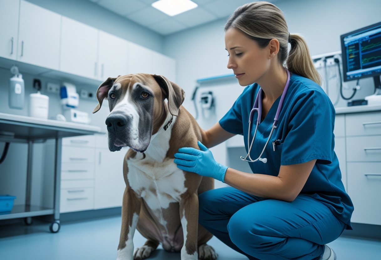 A veterinarian and a dog owner attending to a large dog with a swollen abdomen in a veterinary clinic.