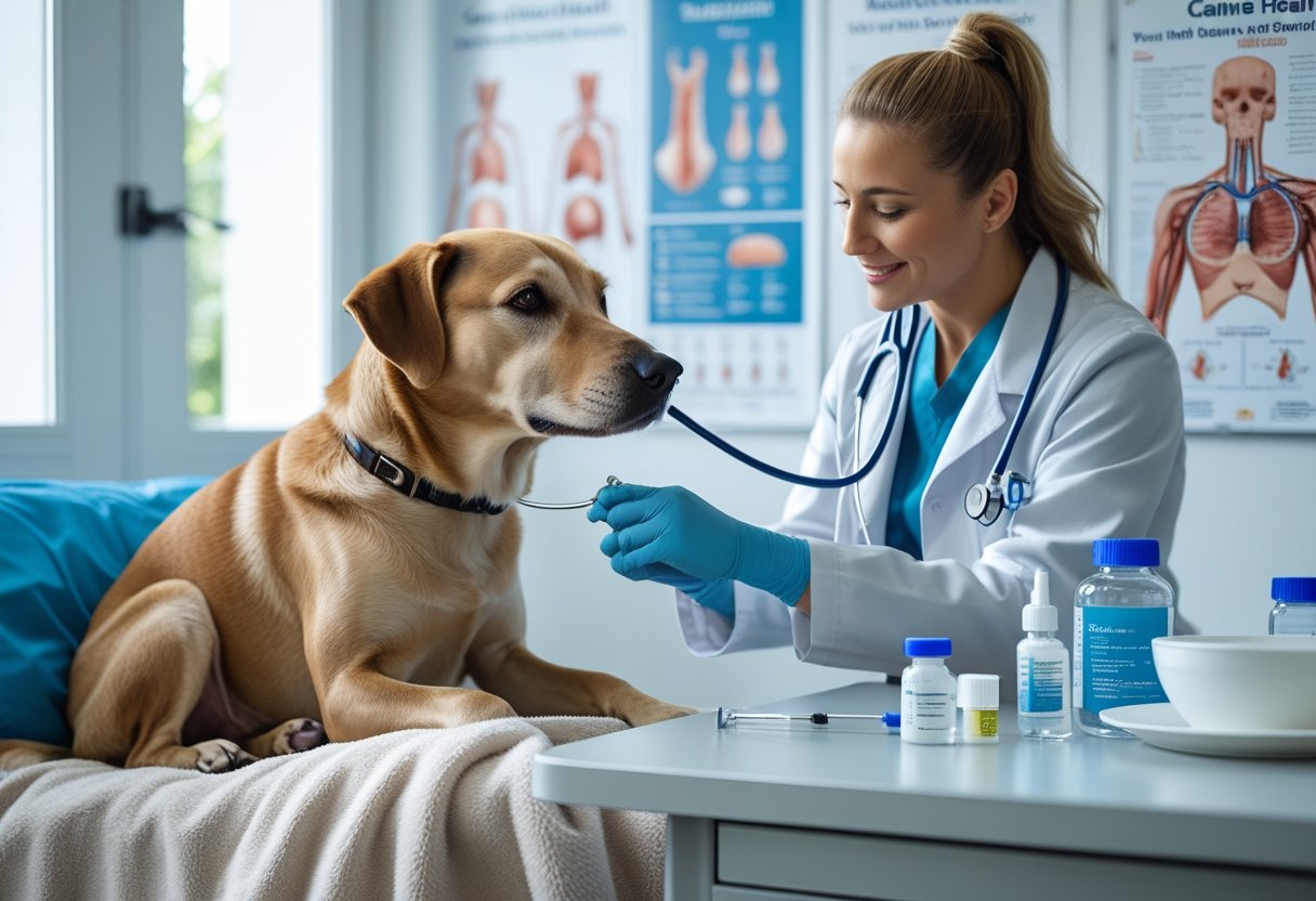 A veterinarian gently examining a calm dog’s abdomen in a veterinary clinic with medical equipment nearby.