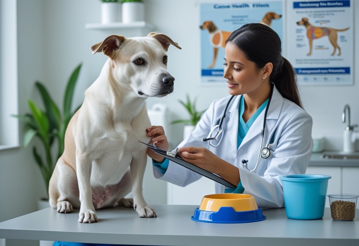 A veterinarian gently examining a calm dog in a bright clinic with dog care items on a table nearby.