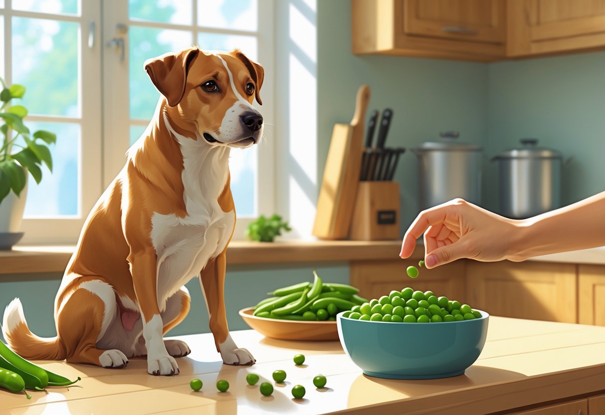 A dog sitting next to a bowl of peas in a kitchen while a person offers it a pea.