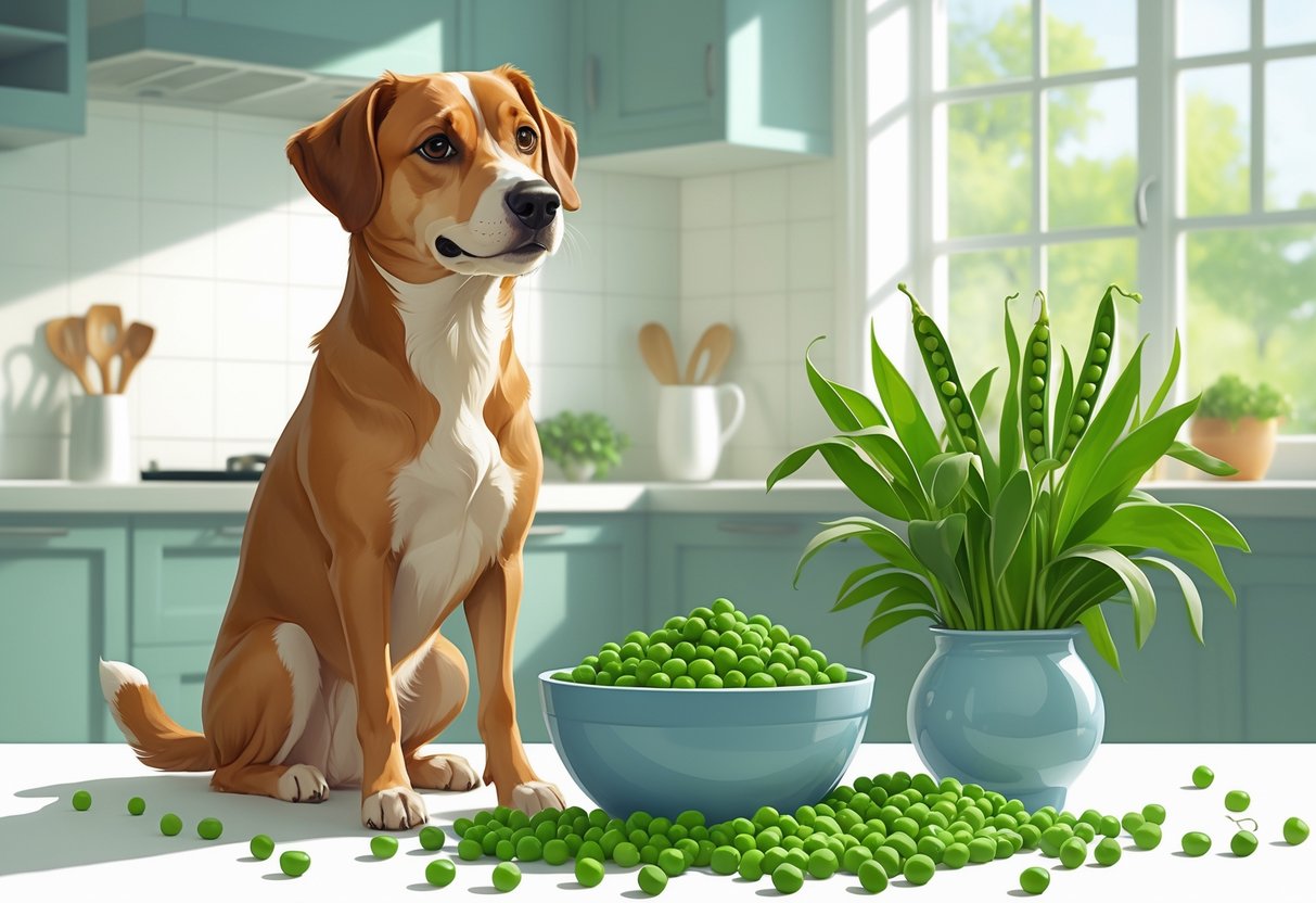 A dog sitting next to a bowl of fresh green peas in a kitchen.