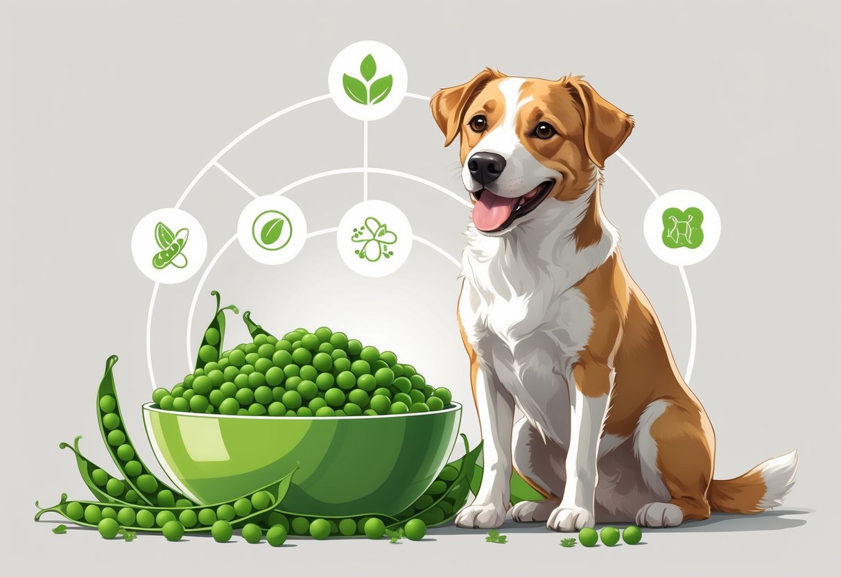 A happy dog sitting next to a bowl of fresh green peas with icons representing vitamins and nutrients around them.