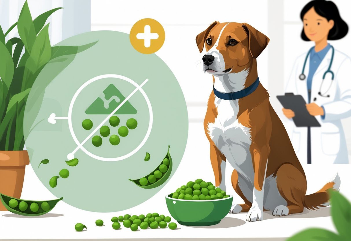 A dog sitting next to a bowl of green peas with a veterinarian in the background and subtle health-related symbols around.