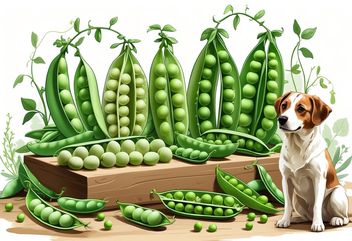 Various types of peas displayed on a wooden surface next to a calm dog looking at them.