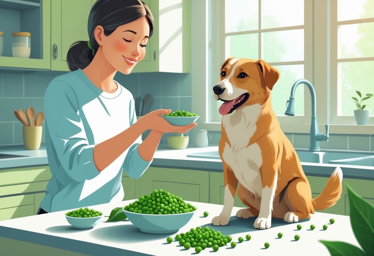 A person serving fresh peas to a happy dog in a bright kitchen.